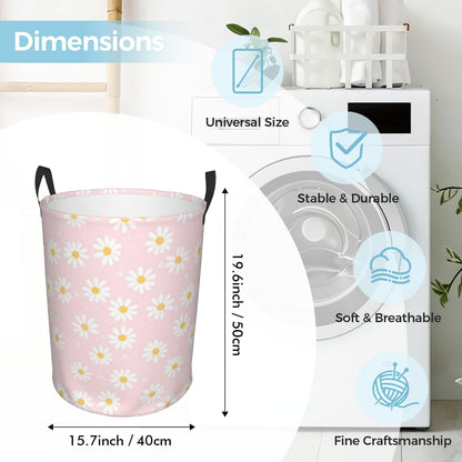 Pink Daisy Flower Large Laundry Basket,Collapsible Laundry Hamper With Handle Floral Room Decor,Round Waterproof Dirty Clothes Hamper Toy Organizer Storage Basket Gift for Home Bedroom Bathroom Decor