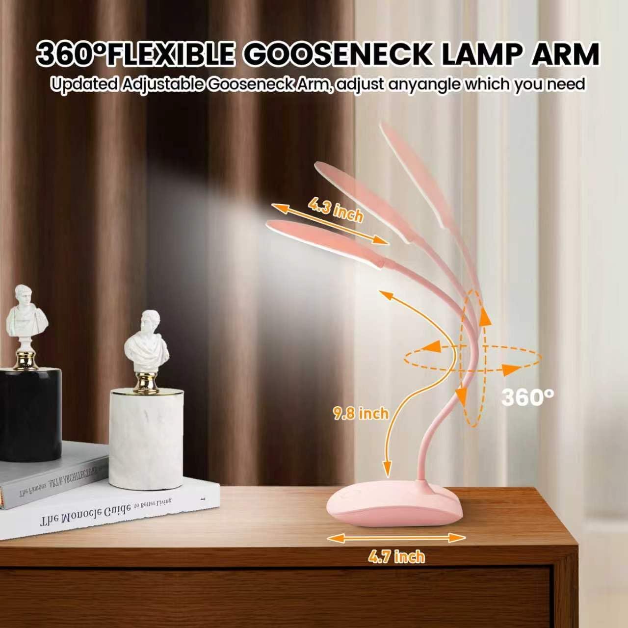Battery Powered Desk Lamp, Portable Lamps Rechargeable 3 Color Modes Touch Control Stepless Dimming, Wireless Desk Lamp with 2000mAh, Small LED Table Light for Dorm Study Office Bedroom,Pink(2-PACK)