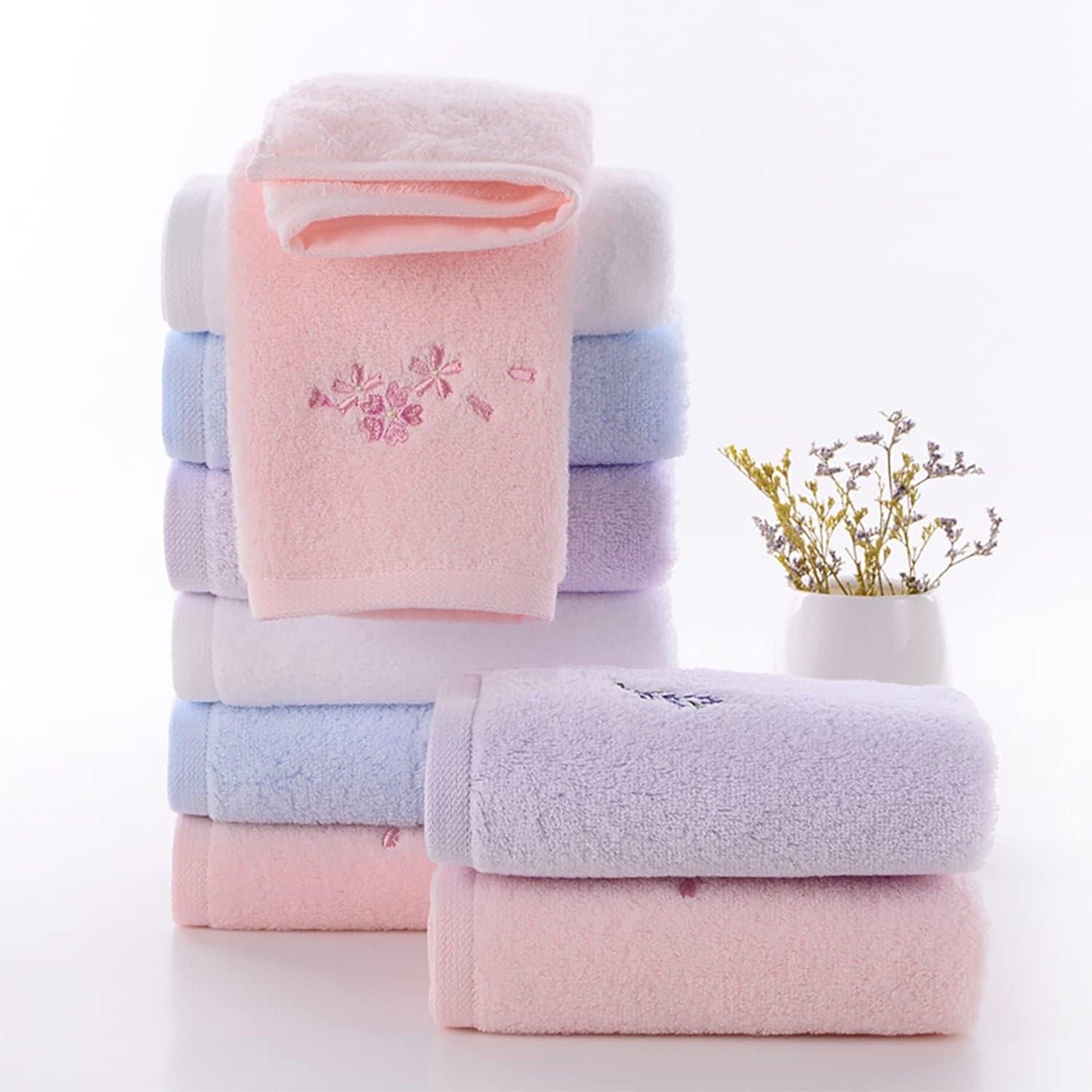 Pidada Hand Towel Set of 3 Embroidered Floral Pattern 100% Cotton Soft Absorbent Decorative Towel for Bathroom (Pink)