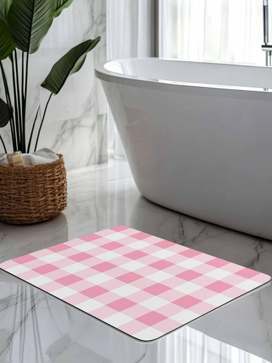 Bath Rugs, Pink Gradient Buffalo Check Absorbent Diatomaceous Earth Bath Mat Quick Drying Non Slip Washable Shower Mat 16x24IN, Modern Geometric Grid Doormat for Bathtub Kitchen Living Room