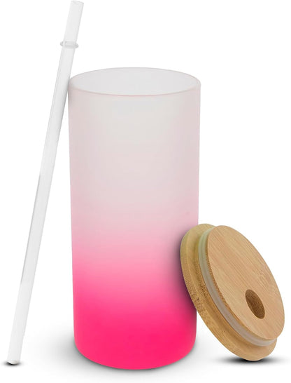 Frosted Glass Tumbler (18 Oz, Pink) - Insulated & Lightweight Glass Cup w/Bamboo Lid, Straw - Perfect for Custom Gifts