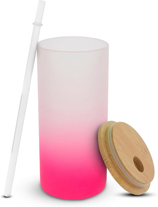Frosted Glass Tumbler (18 Oz, Pink) - Insulated & Lightweight Glass Cup w/Bamboo Lid, Straw - Perfect for Custom Gifts