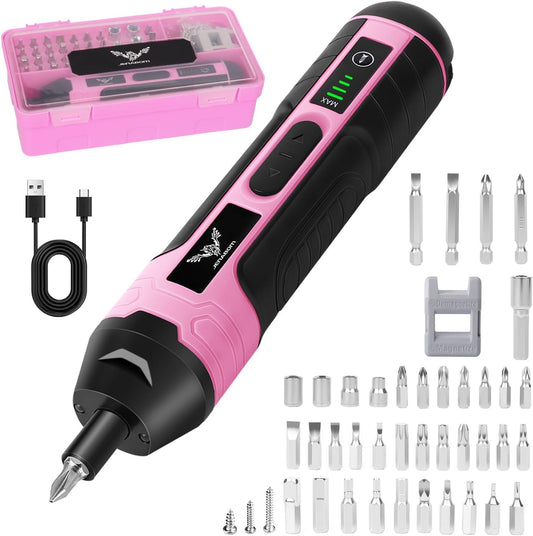 Cordless Screwdriver Rechargeable – Compact Battery Operated Electric Screwdriver with Magnetic Bits, Type-C Charging, 105 Pcs & Storage Box – Home DIY, Assembly, Furniture Installation, Repairs, Pink