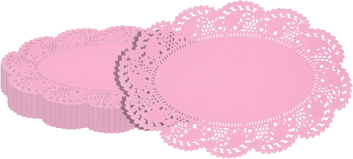 Restaurantware-Pastry Tek 12.5 x 8.5 Inch Paper Lace Doilies, 100 Oval Disposable Table Doilies - Elegant Lace Finish, Long Lasting, Pink Paper Lace Doilies, for Pastries, Cupcakes, Desserts
