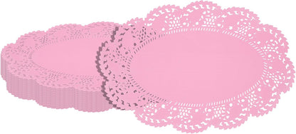 Restaurantware-Pastry Tek 12.5 x 8.5 Inch Paper Lace Doilies, 100 Oval Disposable Table Doilies - Elegant Lace Finish, Long Lasting, Pink Paper Lace Doilies, for Pastries, Cupcakes, Desserts