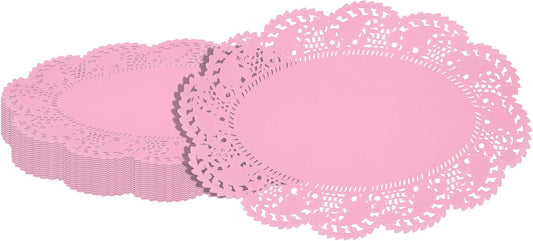 Restaurantware-Pastry Tek 12.5 x 8.5 Inch Paper Lace Doilies, 100 Oval Disposable Table Doilies - Elegant Lace Finish, Long Lasting, Pink Paper Lace Doilies, for Pastries, Cupcakes, Desserts