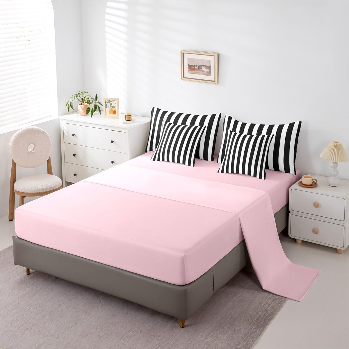 Erosebridal Black and White Striped Queen Comforter Set | Striped Bed in a Bag with Flat and Fitted Sheet Pink and Black 7-Piece Bedding Set for Kids Teens Adults Cute Pinstripe Girls Quilt Duvet Sets