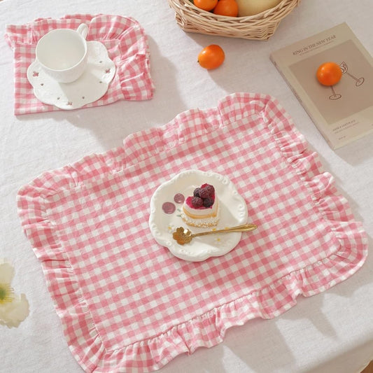 Set of 4 Gingham Placemats with Ruffle Edge, 12x18in Cotton Table Mats, Cottagecore Aesthetic Placemats for Tea Party, Brunch, Wedding & Dining Table Decor (Pink Checkered)