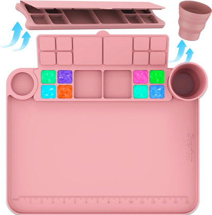 Svartur Silicone Art Mat - 17" X 13" With Cup and Palette, Raised Edge for Craft, Artist Creator Mat for Resin DIY, Coral Pink