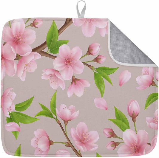 Spring Floral Dish Drying Mat for Kitchen Counter Watercolor Flower Green Leaves Light Pink Background Super Absorbent Microfiber Coffee Bar Mat Washable Dish Drainer Rack Mat, 1 Pack, 16" x 18"