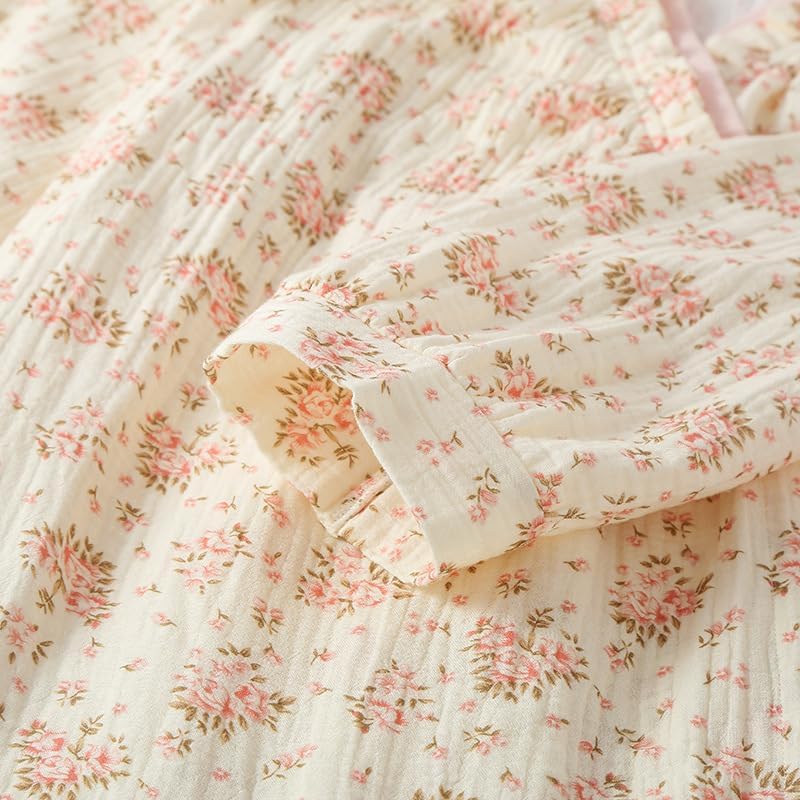 Womens Robe, Cotton Gauze 3/4 Sleeve Floral Long Bath Robe Soft Bathrobe House Coat Sleepwear