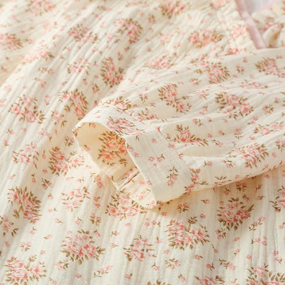 Womens Robe, Cotton Gauze 3/4 Sleeve Floral Long Bath Robe Soft Bathrobe House Coat Sleepwear