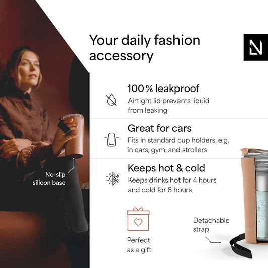 LARS NYSØM Thermo Coffee Mug to go with Strap 17oz | Travel Mug 0.5 Liter with Insulation | Leak Proof Stainless Steel Thermal Tumbler for Coffee and Tea to Go (Creamy Peach, 17 oz)