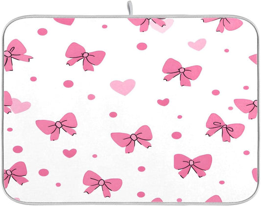 Pink Bows Hearts Pattern Dish Drying Mat 18x24 Absorbent Dishes Pad Dish Drainer Mat Protector for Kitchen Fast Dry