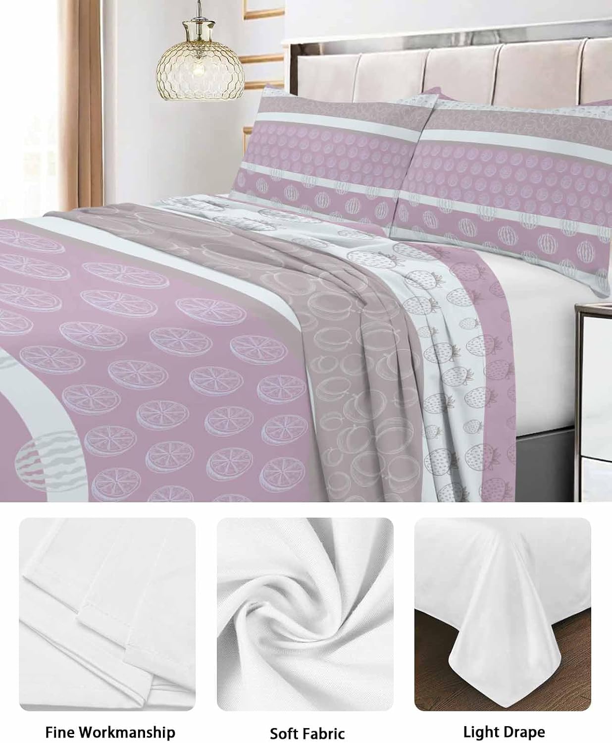 Twin XL Size Flat Sheet Only, Farm Fruits Soft Brushed Microfiber Bed Sheets, Watermelon Lemons Peach Pink Grey Striped Hotel Quality Breathable Bedding Top Sheet, Easy Care, 66"x102"