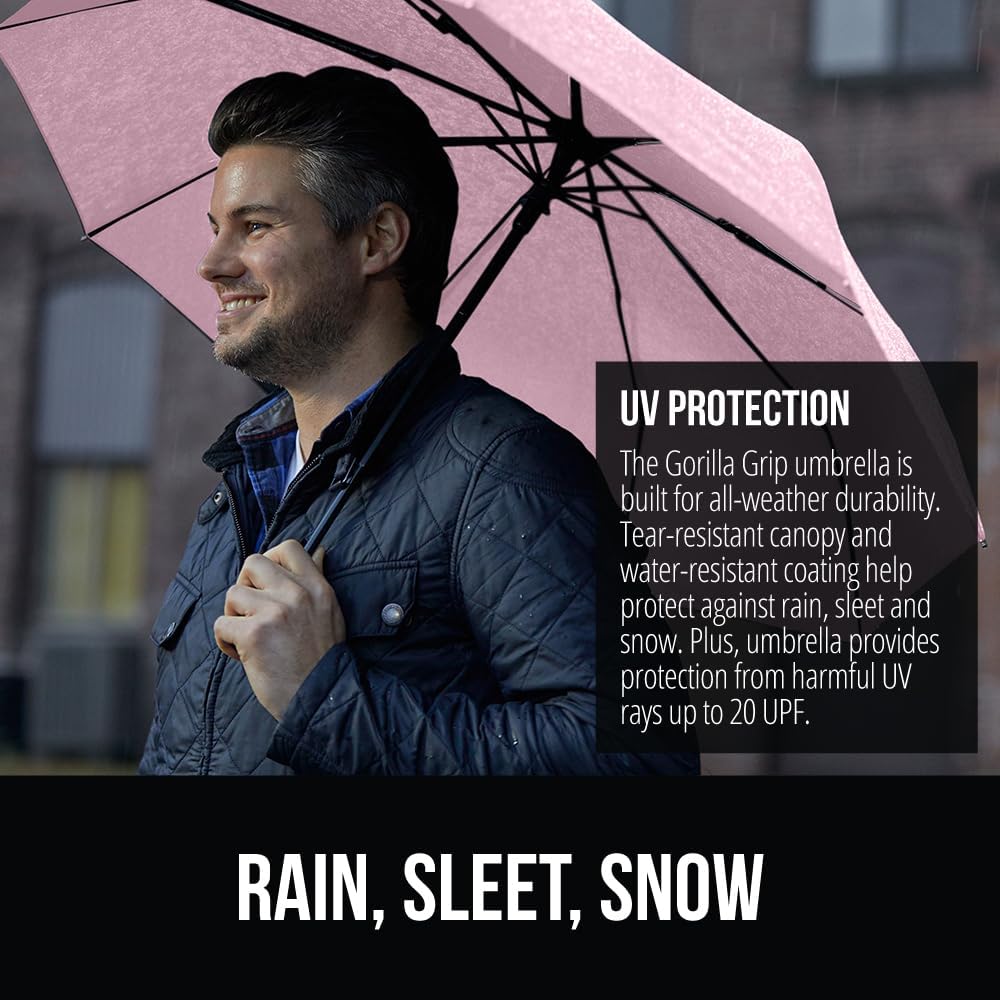 GORILLA GRIP Compact Travel Size Umbrella for Rain, Sleek Design Fits Backpack, Purse and Carry On, Lightweight Under 1lb, One Click Open and Close, Wind Resistant, Durable Waterproof Quick Dry, Pink