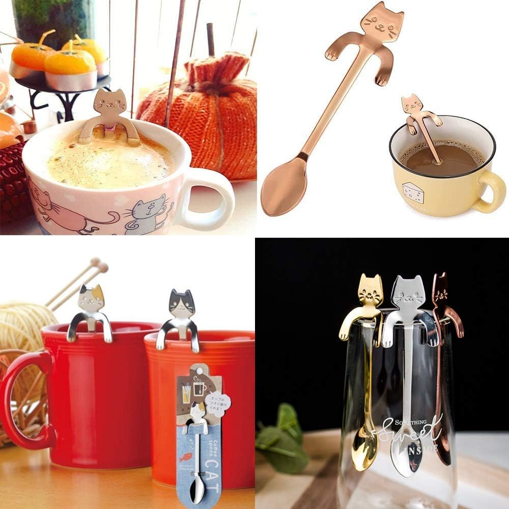 4 Pack Mini Cat Spoon Coffee Tea Spoon Set 304 Stainless Steel Cute Hang Cup Spoon Tableware Flatware Kitchen Gadget for Spice/Salt/Suger Dessert Picking Tea Coffee Drink Mixing (Rose gold)