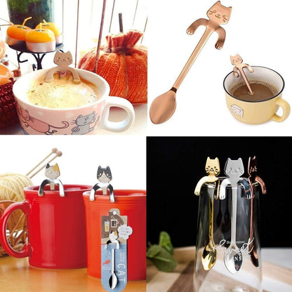 4 Pack Mini Cat Spoon Coffee Tea Spoon Set 304 Stainless Steel Cute Hang Cup Spoon Tableware Flatware Kitchen Gadget for Spice/Salt/Suger Dessert Picking Tea Coffee Drink Mixing (Rose gold)