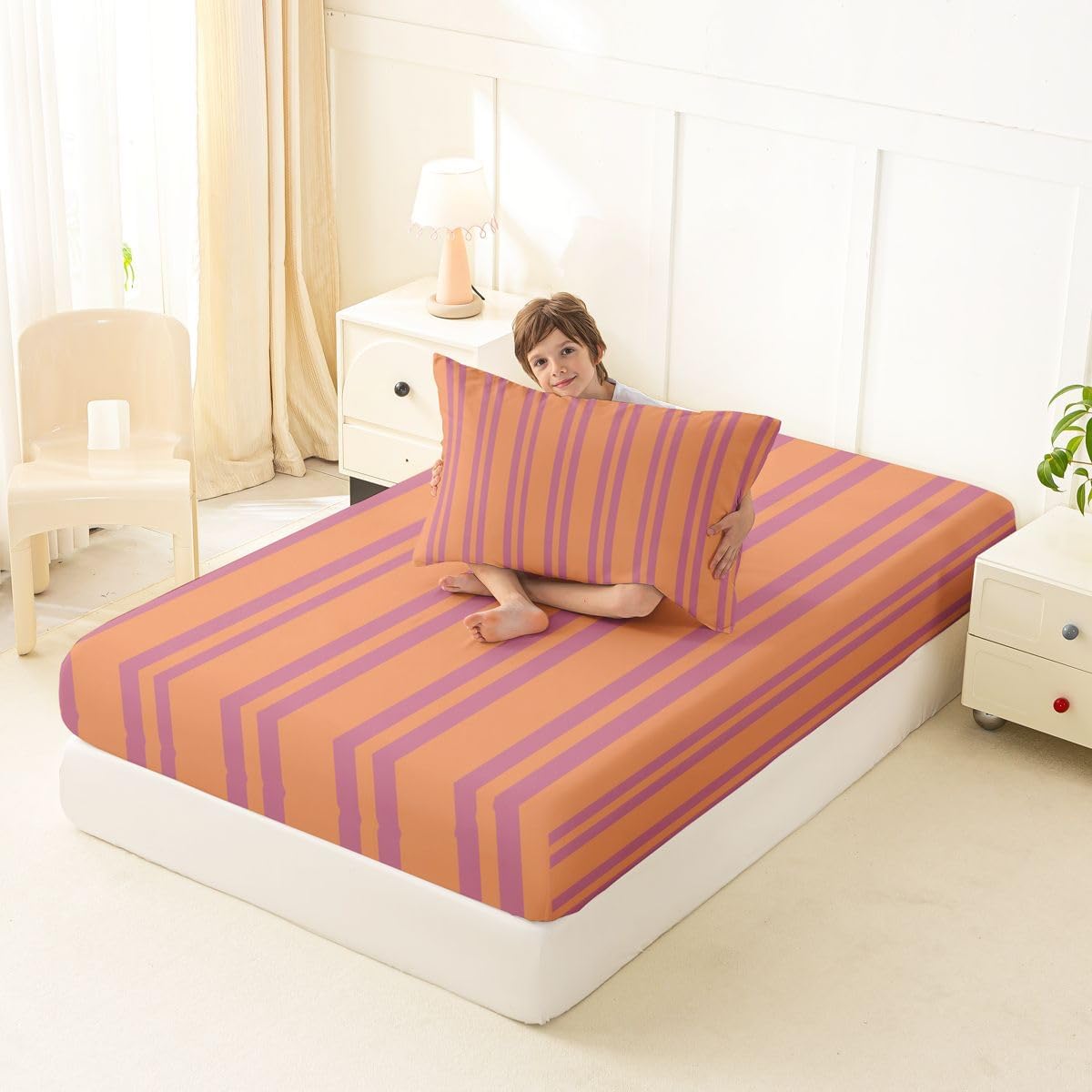Erosebridal Peach Orange Modern Lines Fitted Sheet Twin Size for Kids Teens Adults | Geometric Abstract Striped Bed Sheets Retro Classic Vertical Stripe Bedding Set Minimalist Stripes Pattern Sheets