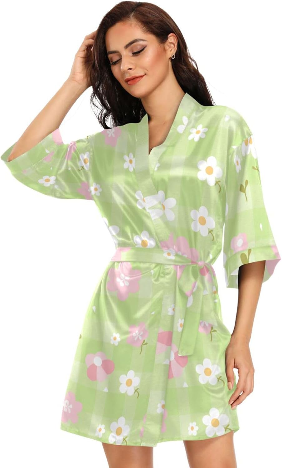 Pink White Check Cute Women's Kimono Robes, Dressing Gown Nightwear Skin-friendly Bridesmaid Robe