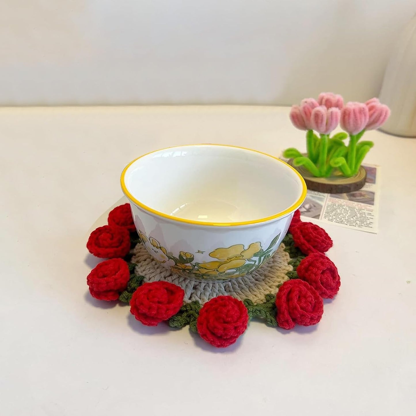2 PCS Finished Rose Bouquet Coaster Flower Bouquet Blanket Coasters, Tabletop Flowers Mini Handmade Crochet Rose Romantic Knitted Gift for Girls Mom for Birthday (Pink)