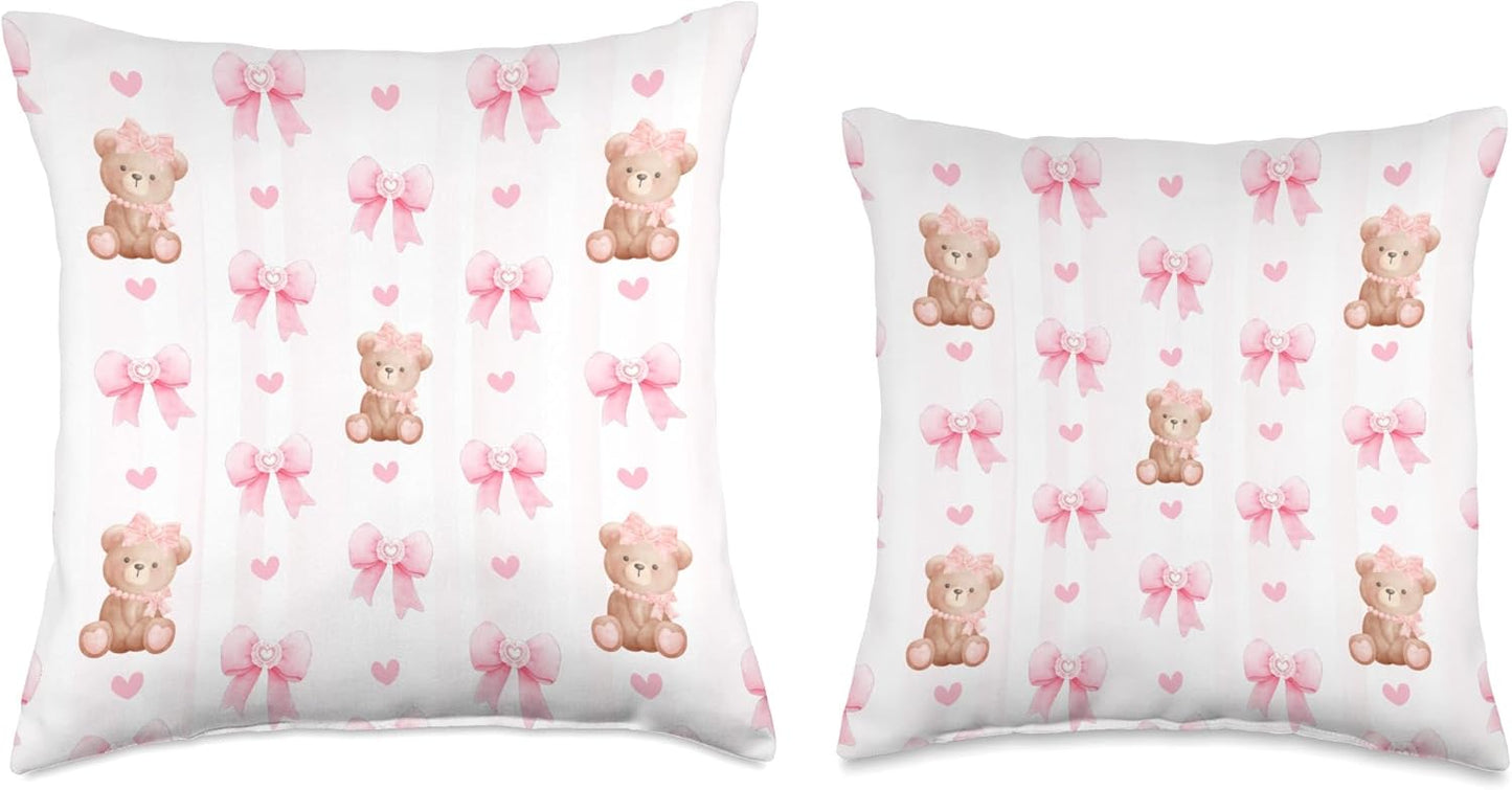 Pink Coquette Bows and Teddy Bears Throw Pillow
