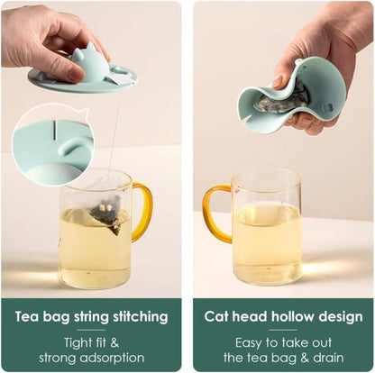 Tea Bag Mug Topper, Cat-Designed Silicone Cup Cover, Tea Bag Holder Lid for Coffee Milk Tea Mug (6-Light Pink)