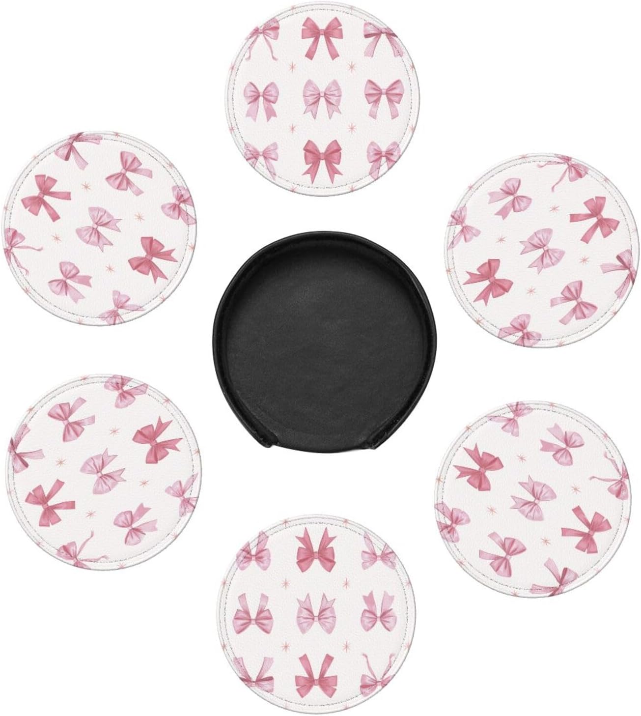 Nine Light Pink Bows Premium Leather Coasters, Set of 6 with Holder, Stylish Beverage Coasters for Kitchen Coffee Bar