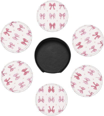 Nine Light Pink Bows Premium Leather Coasters, Set of 6 with Holder, Stylish Beverage Coasters for Kitchen Coffee Bar