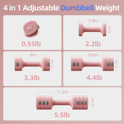 Lightweight Adjustable Dumbbell Kettlebell Set - 4 in 1 Free Weight Set with Kettlebell Grip Converter, Each 2.2 3.3 4.4 5.5lb Quick Change Weight Women Dumbbell Set for Small Spaces Home Gym