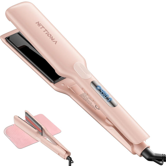 HITTIONA 1.75” Wide Ceramic Hair Straightener-ProfessionalIn frared Flat Iron for Fast Styling,5s Instant Heat Up for Thick&Long Hair, Anti-Frizz Ionic Tool,Worldwide Dual Voltage&Travel Ready（Pink）