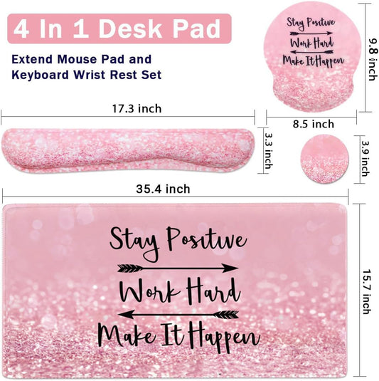 4-in-1 Gaming Mouse Pad Wrist Support Set，Desk Pad + Mouse Pad with Wrist Rest + Keyboard Wrist Rest + Coaster, Ergonomic Design for Home Office Study Game - Pink Stay Positive