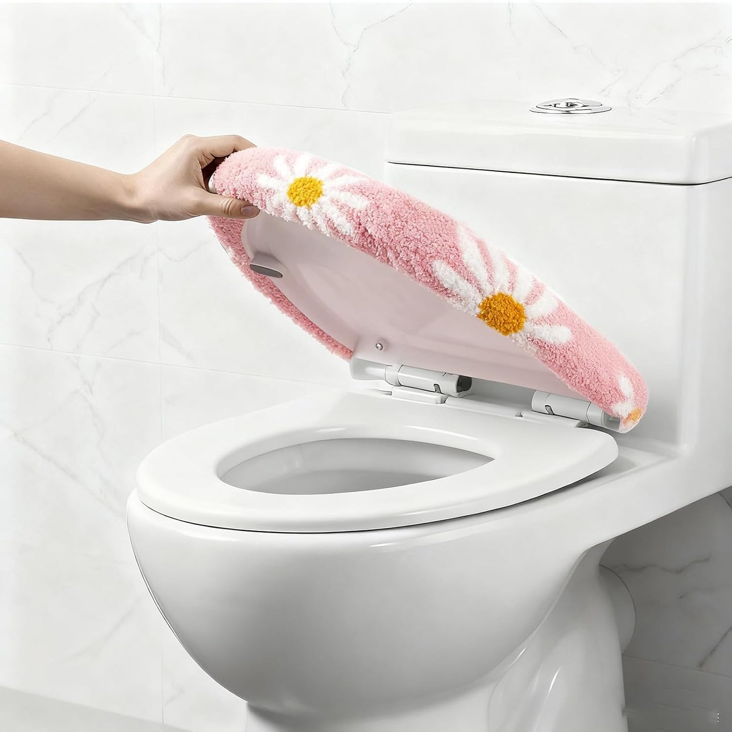 Pink flower bathroom toilet lid, cute daisy toilet lid cover, machine washable, beautiful and soft bathroom decoration suitable for most round, oval and long toilet seats (Pink)