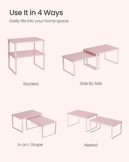 SONGMICS Cabinet Organizer Shelf, Set of 2 Kitchen Counter Shelves, Kitchen Storage, Spice Rack, Stackable, Expandable, Metal and Engineered Wood, 11.7 Inches, Jelly Pink UKCS020S01