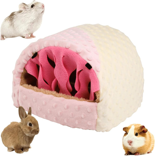 Warm Plush Guinea Pig Hut Habitat Hedgehog Hideout Rat House for Small Animal Rabbit,Washable Chinchilla Hamster Bed Cozy Nest Cage Accessories (Pink,Small)