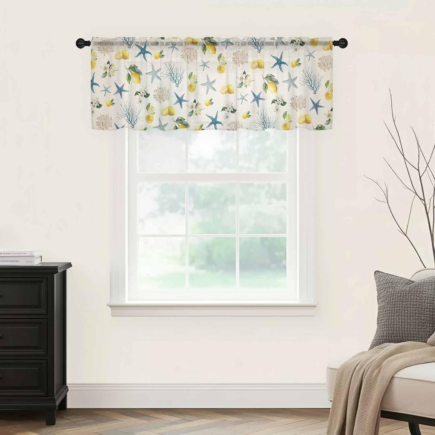 Summer Ocean Starfish Sheer Curtains Valances for Windows Lemons Coastal Coral Flowers Beige Chiffon Kitchen Valances for Cafe, Voile Window Treatments Curtains for Living Room Bedroom, 54"x18"