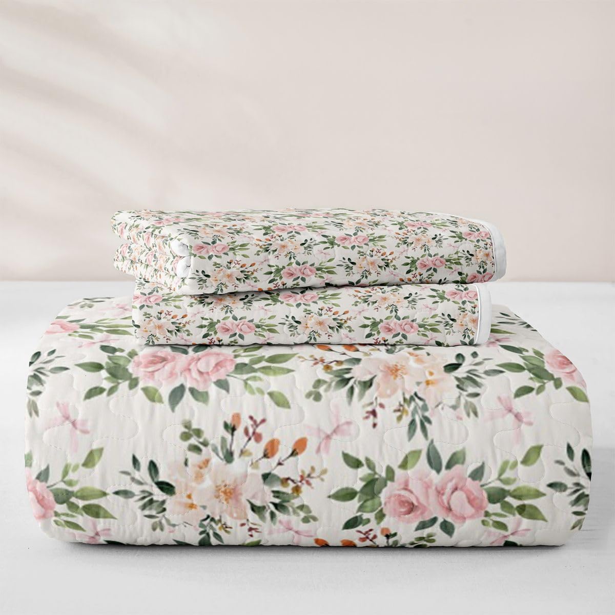 Erosebridal Flower Quilt Set Rose Quilt Queen Peach Blossom Kawaii Ribbon Bow Quilted Coverlet Princess Girly Leaves Floral Theme Bedspread Lightweight
