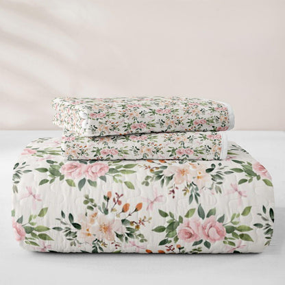 Erosebridal Flower Quilt Set Rose Quilt Queen Peach Blossom Kawaii Ribbon Bow Quilted Coverlet Princess Girly Leaves Floral Theme Bedspread Lightweight