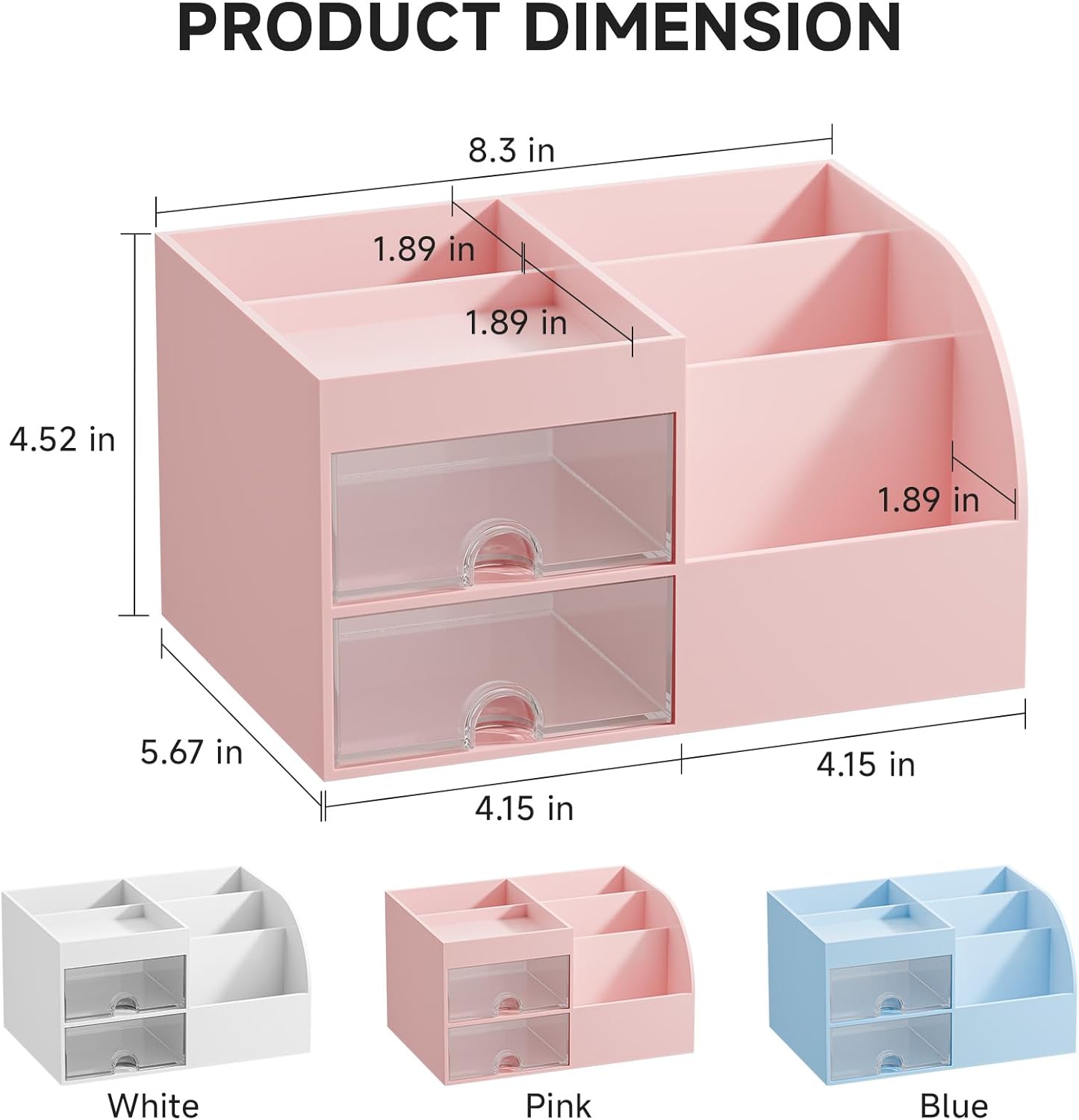 Makeup Organizer with 2 Drawers, Makeup Organizers Countertop for Vanity and Bathroom, Make up organization and Skincare Storage with Brush Holder, for Dresser, Desktop, Cosmetic Display Case (Pink)