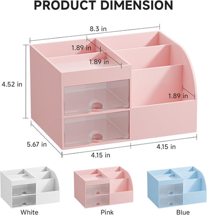 Makeup Organizer with 2 Drawers, Makeup Organizers Countertop for Vanity and Bathroom, Make up organization and Skincare Storage with Brush Holder, for Dresser, Desktop, Cosmetic Display Case (Pink)