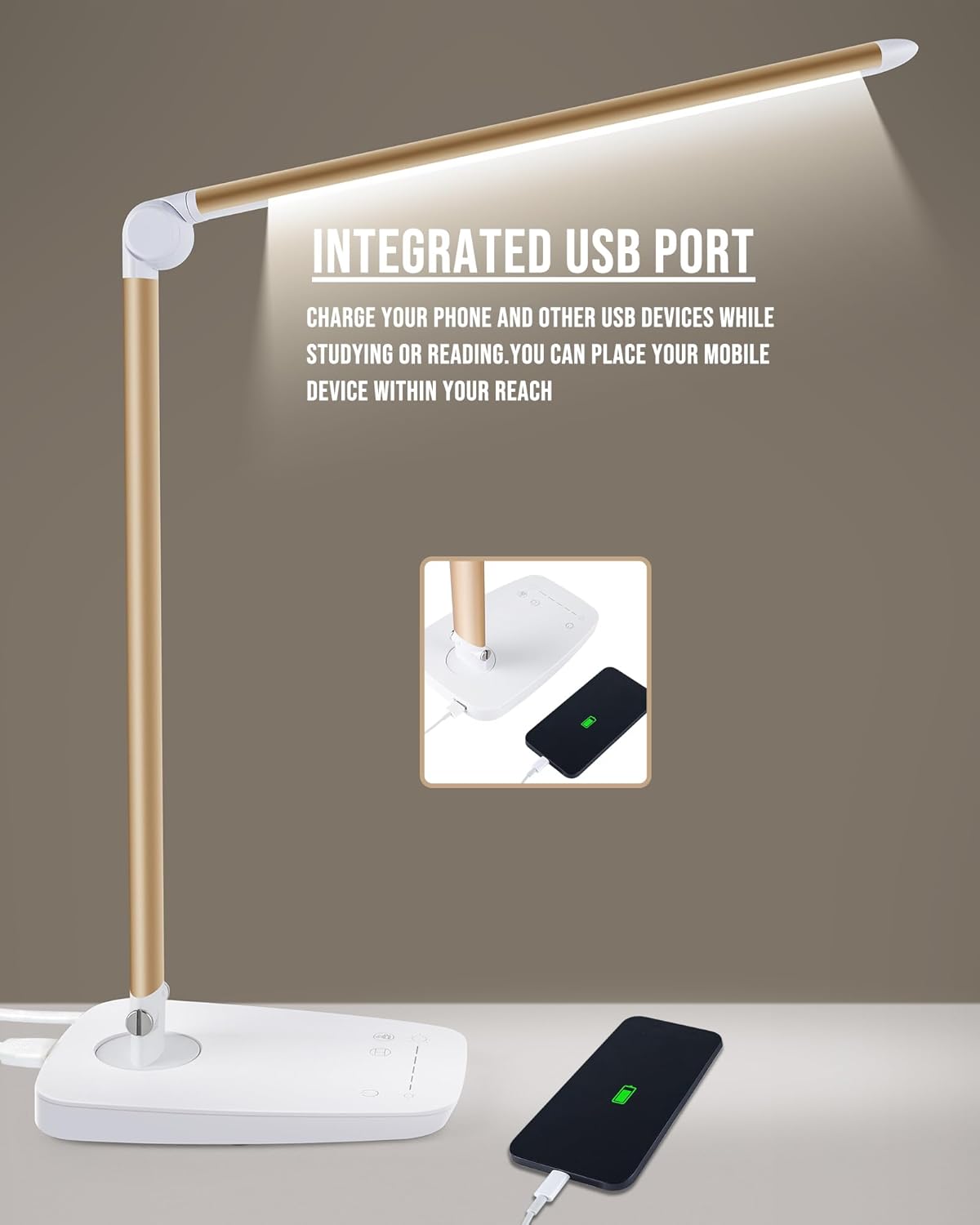 Lichamp Dimmable LED Desk Lamp with USB Charging Port, Touch Control Foldable Gooseneck Free Rotation Adjustable Eye Care Table Lamp, Bedside Reading Light with UL AC Adapter (Pink Gold)