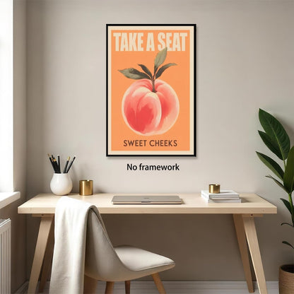 Take a Seat Sweet Cheeks Poster Funny Bathroom Wall Decor Peach Art Retro Sayings Pictures Canvas Print Trendy Fruit Painting Fun Bedroom Toilet Restroom Home Decor 8x12inch Unframed