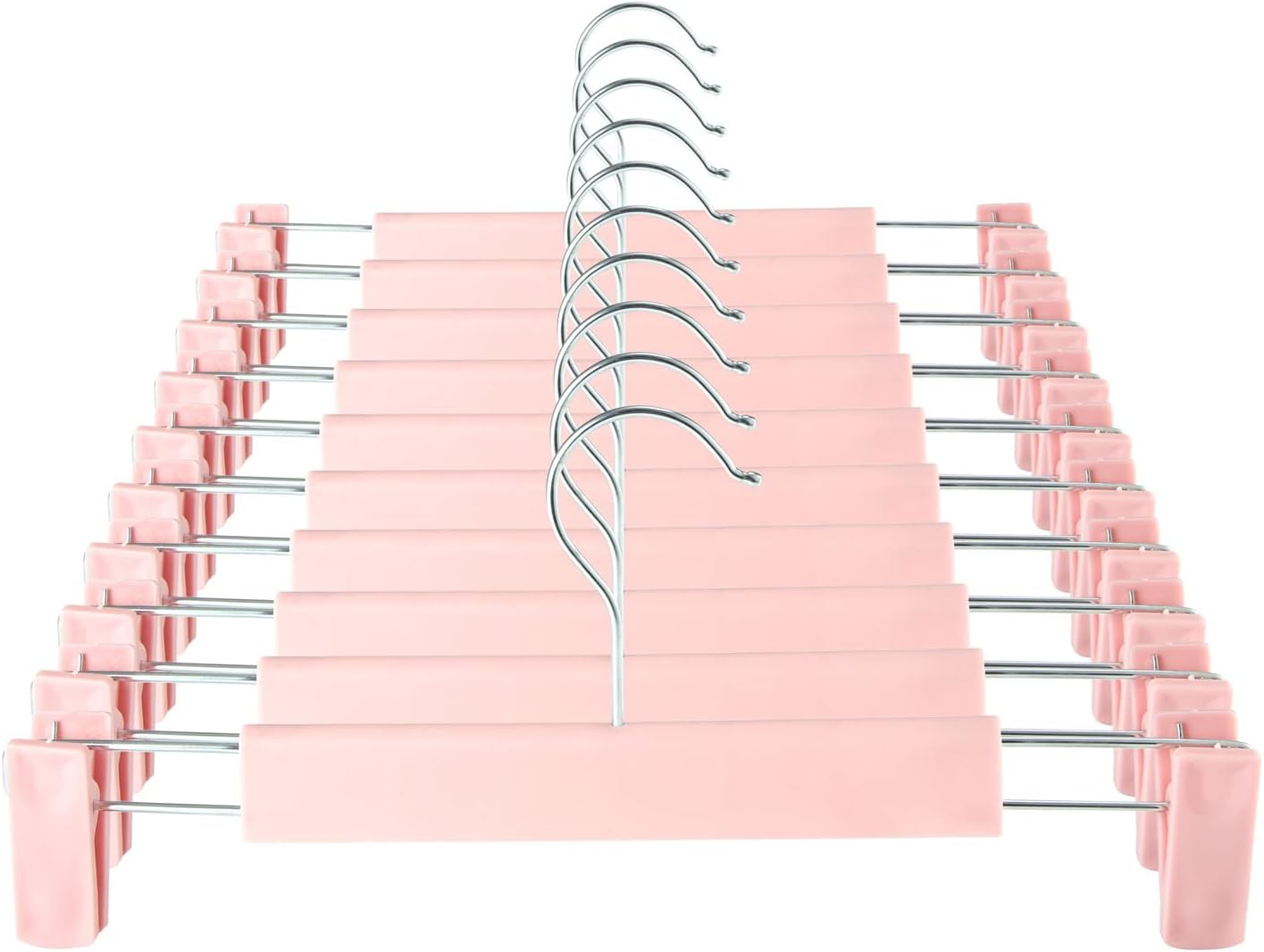 GUANJUNE Clothes Pants Hangers, Space-Saving Skirt Holders with 360 ° Swivel Hooks, Adjustable Clips, Trouser Hangers, Clothes Coat Garment Jeans Hangers (10 Pack, Pink)
