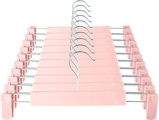 GUANJUNE Clothes Pants Hangers, Space-Saving Skirt Holders with 360 ° Swivel Hooks, Adjustable Clips, Trouser Hangers, Clothes Coat Garment Jeans Hangers (10 Pack, Pink)