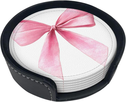 Watercolor Light Pink Coquette Bow Premium Leather Coasters, Set of 6 with Holder, Stylish Beverage Coasters for Kitchen Coffee Bar