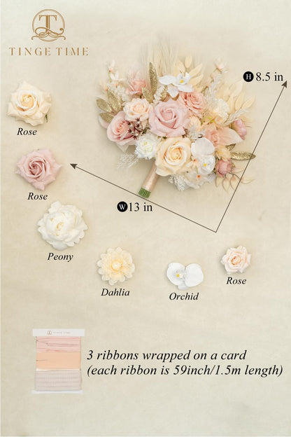 TINGE TIME 13 Inch Artificial Flower Wedding Bouquets for Bride, Cascading Bridal Bouquet for Wedding Bouquet for Wedding Ceremony and Anniversary(Champagne&Pink)