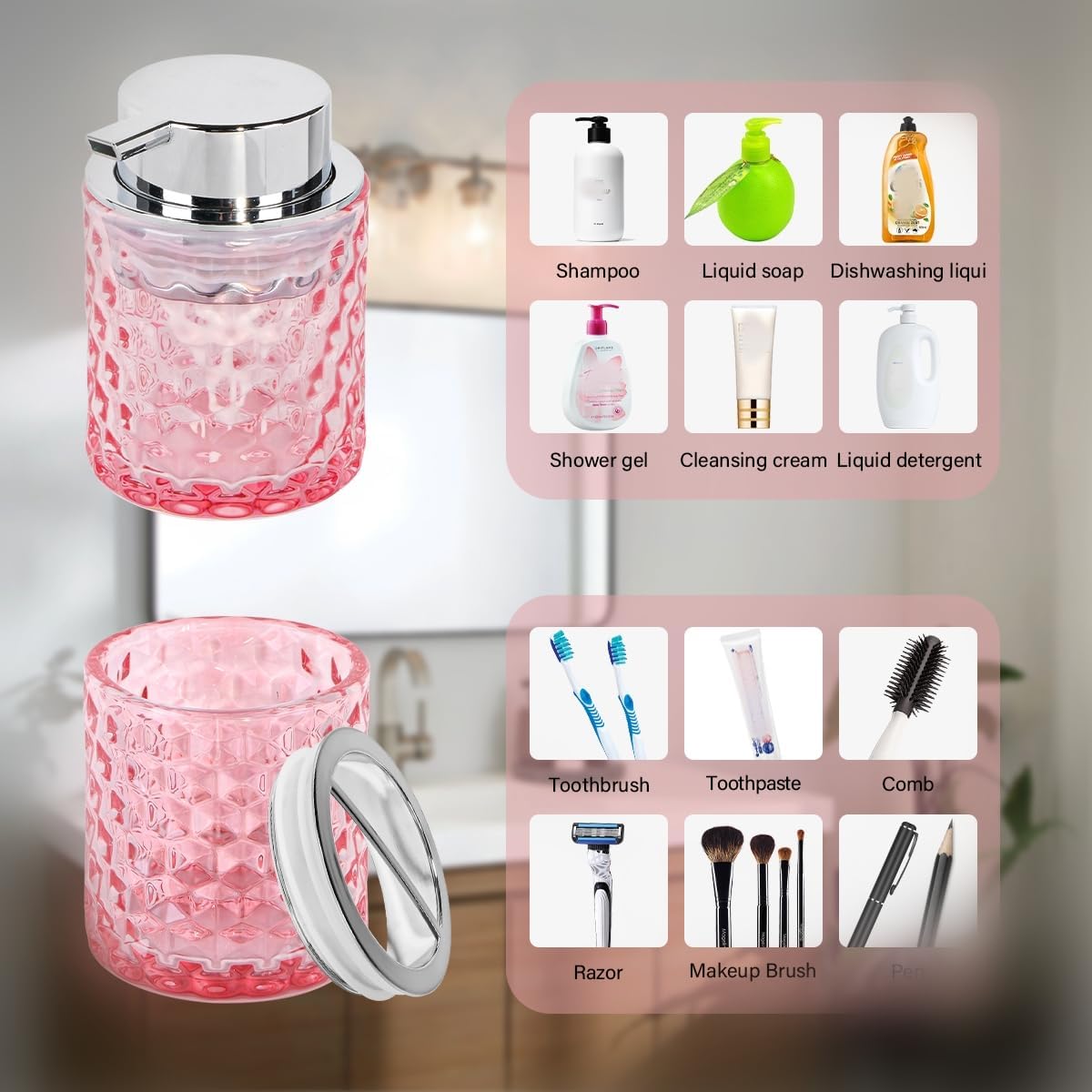 Bathroom Accessories Set, 3pcs Pink Glass Bathroom Accessory Set,Toothbrush Holder, Foaming Soap Dispenser and Tumbler, Silver Bathroom Decor Sets for Organizer, Home Apartment Gift