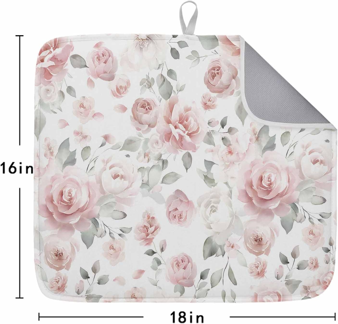 Light Pink Flowers Dish Drying Mat 1 Pack, Gray Leaf Spring Floral Farm Plant Absorbent Heat Insulating Kitchen Drying Pad Drainer Mats for Sink Counter Dishes 16 X 18 Inch