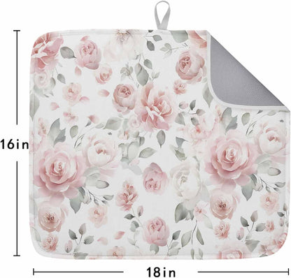 Light Pink Flowers Dish Drying Mat 1 Pack, Gray Leaf Spring Floral Farm Plant Absorbent Heat Insulating Kitchen Drying Pad Drainer Mats for Sink Counter Dishes 16 X 18 Inch
