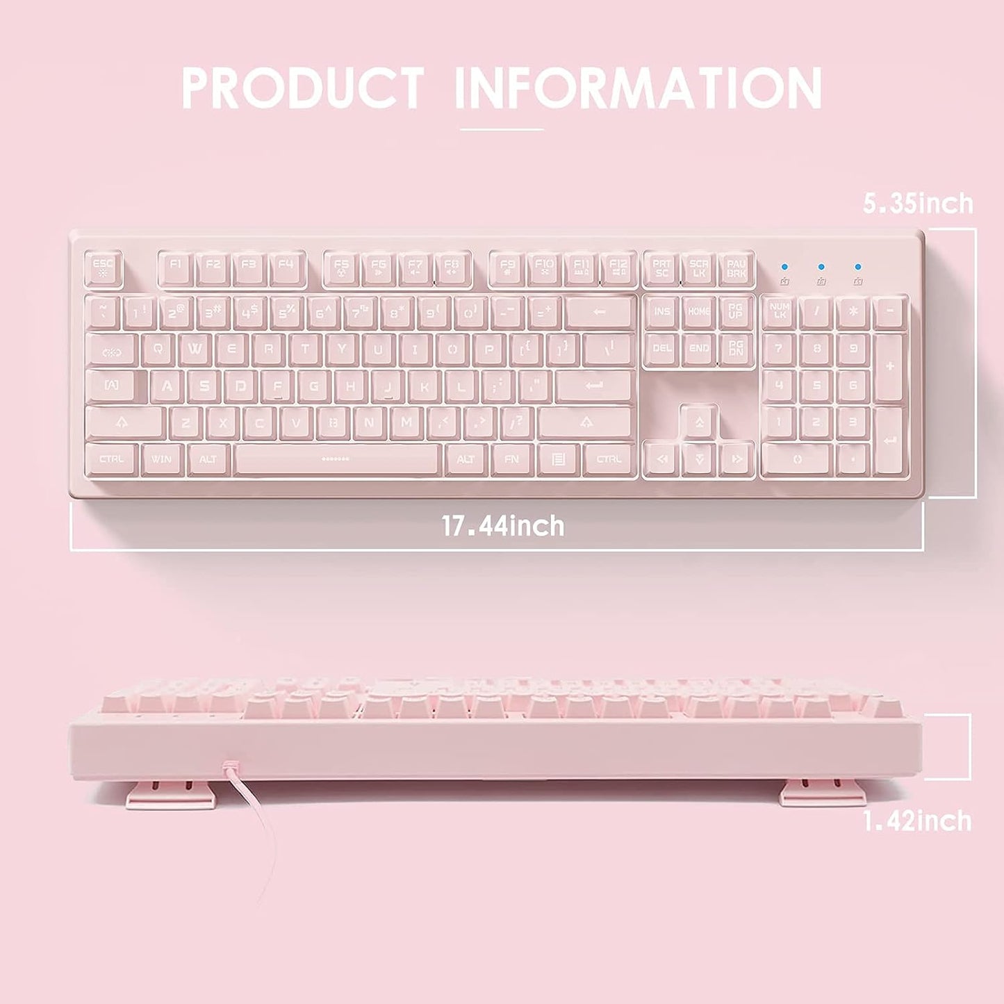 Basaltech Pink Keyboard with 7-Colors LED Backlit, 104 Keys Silent Creamy Wired USB Keyboard, Double Shot Keycaps Light Up Keyboard for Computer, Mac, Laptop
